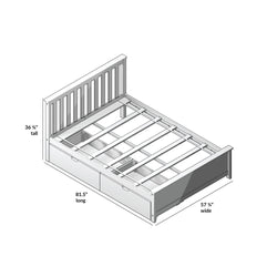 Illustration of a wooden bed frame with dimensions, showing storage drawers and slatted base.