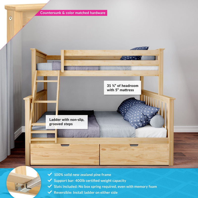 Wooden bunk bed with ladder, non-slip steps, storage drawers, and a 400lb certified weight capacity, made from solid New Zealand pine.
