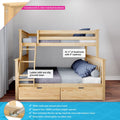 Natural pine solid bunk bed with safety rails, non-slip ladder and built-in under-bed storage drawers in kids' bedroom