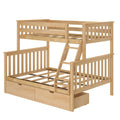 Natural solid wood bunk bed with ladder, slatted safety rails and built-in under-bed storage drawers, light finish
