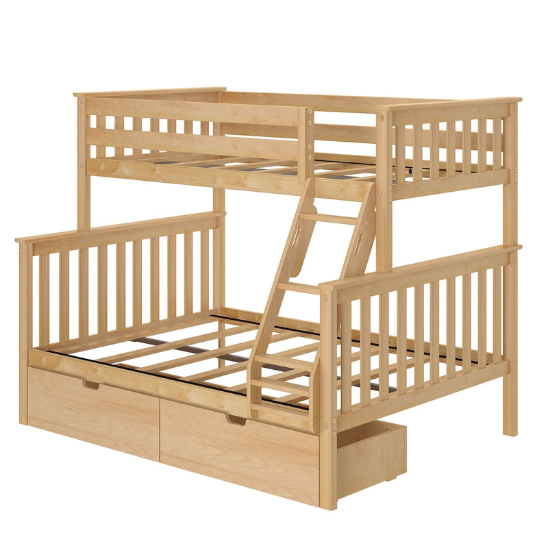 Natural solid wood bunk bed with ladder, slatted safety rails and built-in under-bed storage drawers, light finish