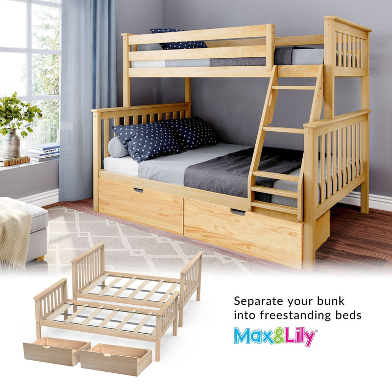 Wooden bunk bed with ladder and storage drawers in a modern bedroom, convertible to two freestanding beds, by Max & Lily.