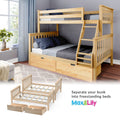 Max & Lily wooden twin-over-full bunk bed with ladder, under-bed storage drawers and navy bedding in a modern kids' bedroom