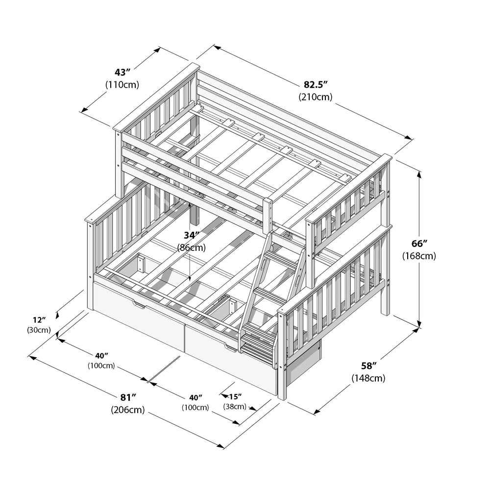 Detailed blueprint of a wooden bunk bed with dimensions in inches and centimeters, showcasing top bunk, ladder, and drawer storage.