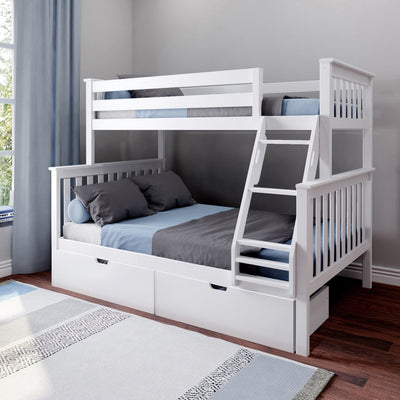 White wooden bunk bed with ladder and under-bed storage drawers, full lower bed and twin upper with gray and blue bedding in modern kids' bedroom