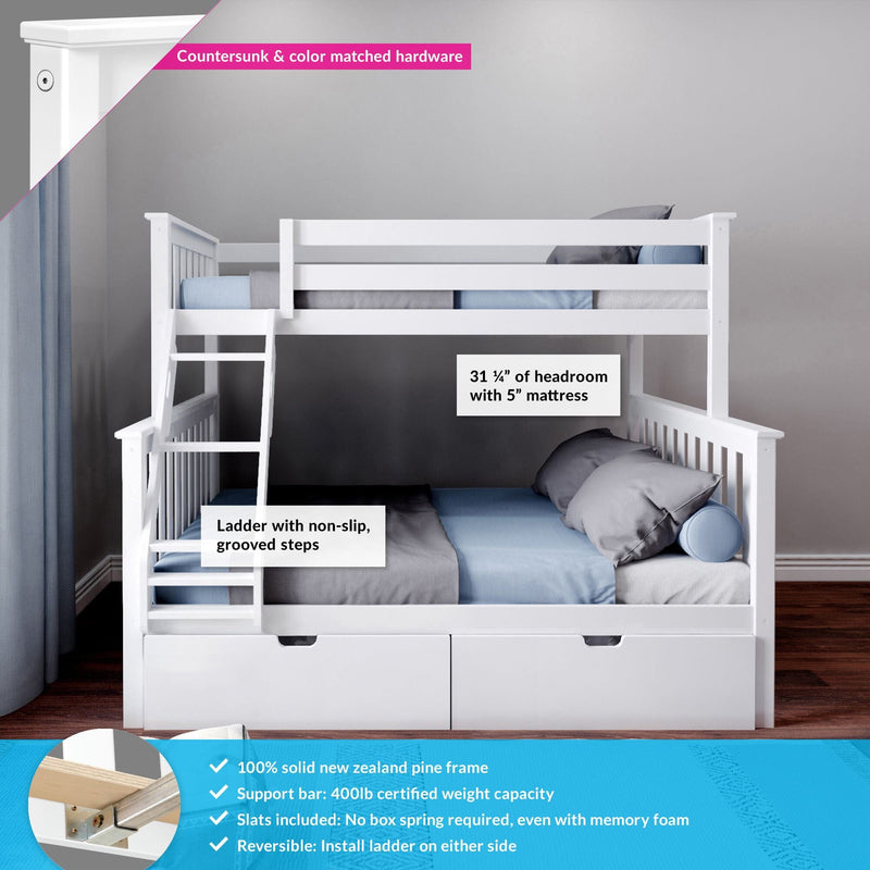 White wooden bunk bed with non-slip ladder and storage drawers, featuring a solid pine frame, 400lb weight capacity, and reversible ladder installation.