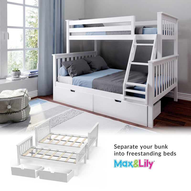White Max & Lily twin over twin bunk bed with bottom drawers, convertible to freestanding beds, in a modern bedroom setting.