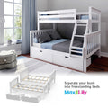White wooden convertible bunk bed with built-in ladder and under-bed storage drawers in modern kids' bedroom, Max & Lily
