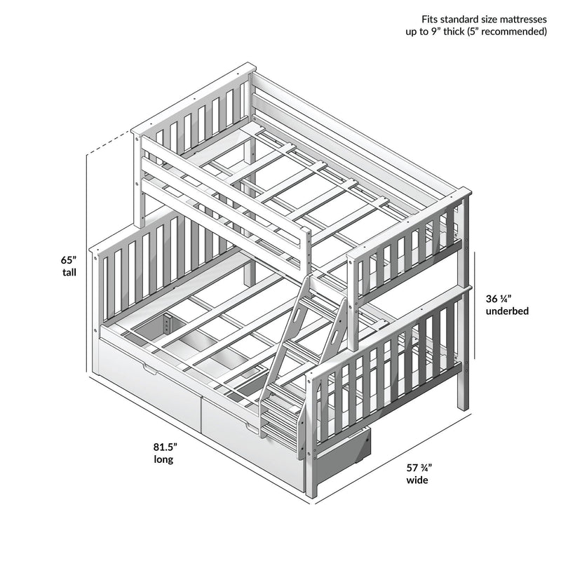 Bunk bed dimensions illustration showing height, width, and underbed clearance details.