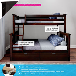 187231-005 : Bunk Beds Twin Over Full Bunk Bed + Storage Drawers, Espresso