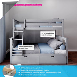 187231-121 : Bunk Beds Twin Over Full Bunk Bed + Storage Drawers, Grey