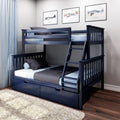 Navy blue wooden bunk bed with ladder and under-bed drawers in modern kids' bedroom with airplane wall art, light blue curtains and shag rug