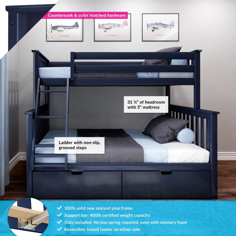 Blue solid pine bunk bed with ladder, featuring non-slip grooved steps, reversible ladder installation, and ample headroom; supports 400lb weight capacity.