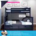 Navy blue solid New Zealand pine twin-over-twin bunk bed with ladder, non-slip grooved steps, safety guardrails and under-bed storage drawers