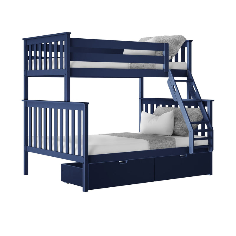 Blue wooden bunk bed with twin over full design and storage drawers, perfect for kids' shared bedrooms.