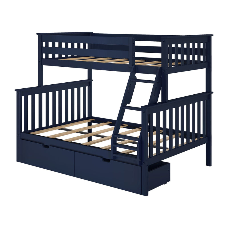 Blue wooden bunk bed with ladder and under-bed storage drawers.