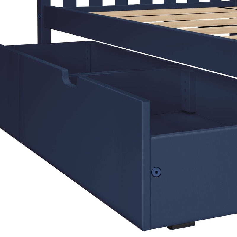 Navy blue wooden platform bed with slatted mattress support and built-in under-bed storage drawers