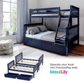 Max & Lily navy blue convertible bunk bed with ladder and under-bed storage drawers in a bright kids' bedroom, converts into two freestanding twin beds
