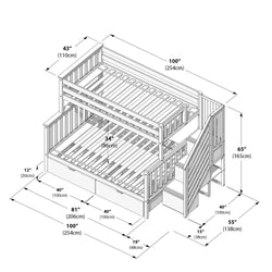 Diagram of a wooden bunk bed with dimensions showing width, height, and depth in inches and centimeters, including stairs and storage drawers.
