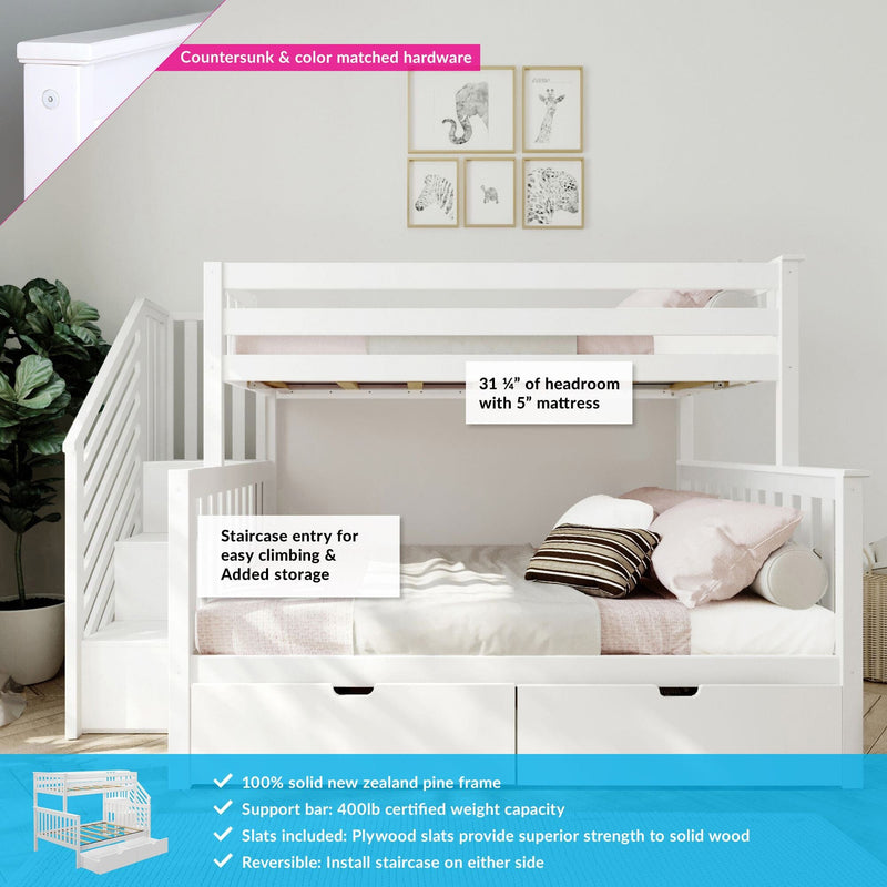 White wooden bunk bed with staircase, built-in storage, and solid New Zealand pine frame, featuring a 31 1/4" headroom with a 5" mattress. Ideal for children's bedrooms.