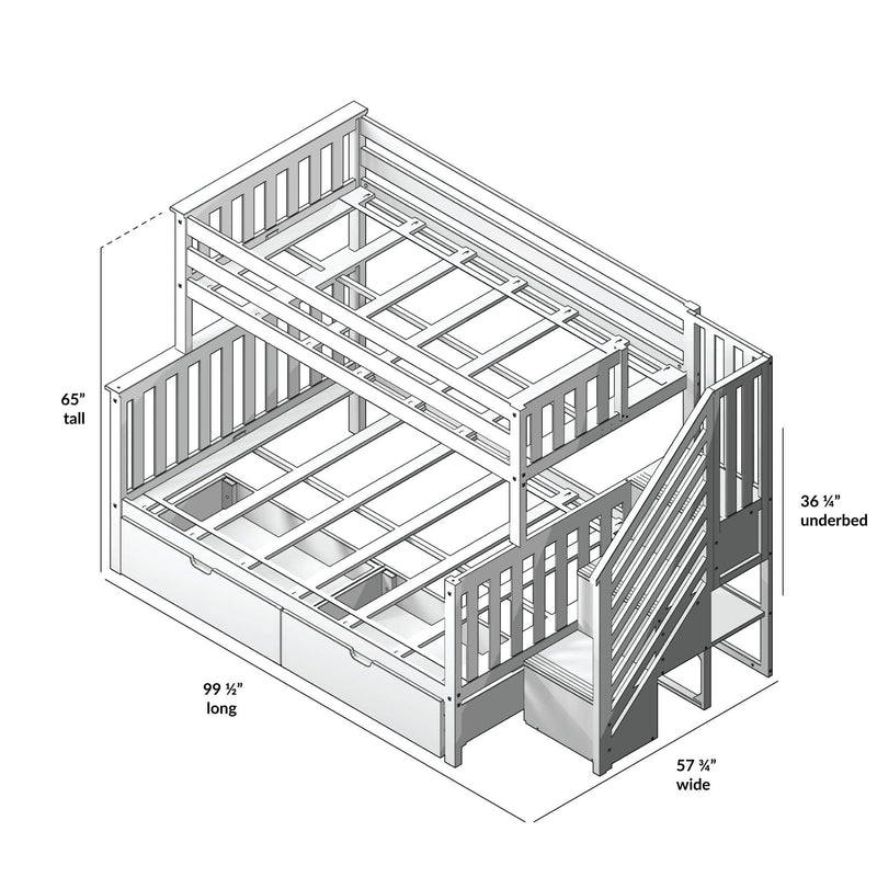 Diagram of a white bunk bed with dimensions: 65 inches tall, 99.5 inches long, 57.75 inches wide; features underbed storage and side stairs.