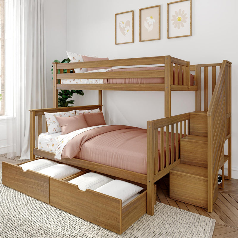 Modern solid wood bunk bed with built-in staircase and under-bed storage drawers, pink bedding, neutral kids' bedroom with framed floral wall art and natural light