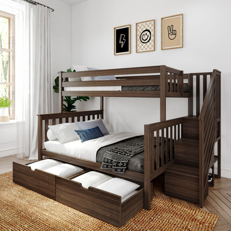 Dark wood bunk bed with trundle and built-in stairs in modern kids' bedroom with white bedding and storage drawers