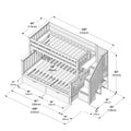 Wooden bunk bed assembly diagram with dimensions — twin-over-full loft bed with integrated stairs and under-bed storage drawers, detailed measurements shown in inches and centimeters