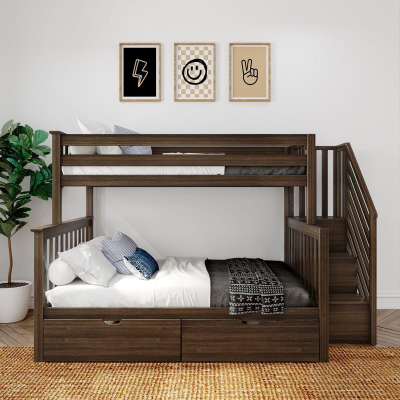 Modern dark wood bunk bed with built-in storage drawers, white bedding and patterned throw, staircase, three framed minimalist prints, potted plant and woven rug in a stylish children's bedroom decor