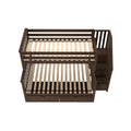 Top-down view of a dark walnut wooden loft bed frame with slatted mattress support, built-in staircase and under-bed storage drawers — space-saving wooden loft bed for kids or guest bedroom