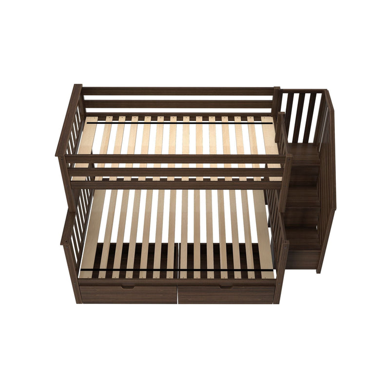 Top-down view of a dark walnut wooden loft bed frame with slatted mattress support, built-in staircase and under-bed storage drawers — space-saving wooden loft bed for kids or guest bedroom