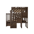 Dark walnut wooden kids playhouse with diagonal slat staircase, safety railing, elevated deck platform and built-in storage panels for backyard playground