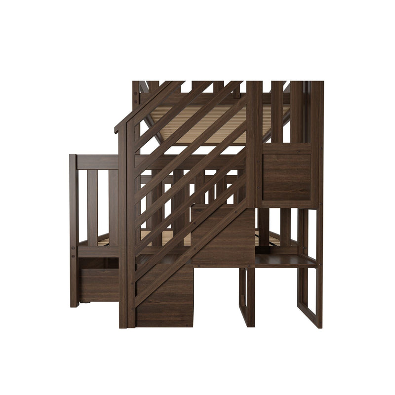 Dark walnut wooden kids playhouse with diagonal slat staircase, safety railing, elevated deck platform and built-in storage panels for backyard playground