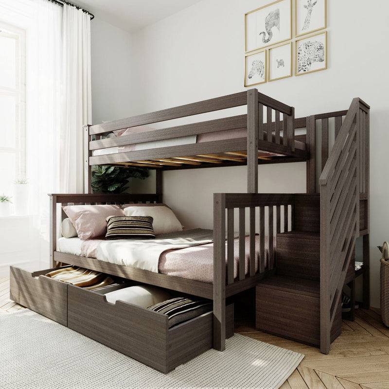 Modern wooden bunk bed with stairs and storage drawers in a cozy, sunlit bedroom.