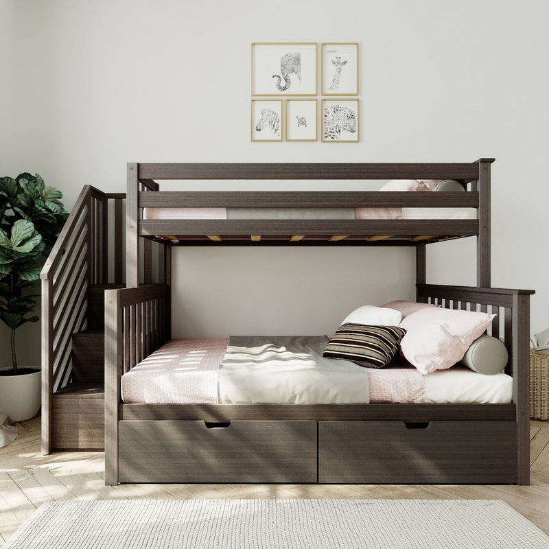 Modern dark wood bunk bed with built-in staircase and storage drawers in a stylish bedroom.