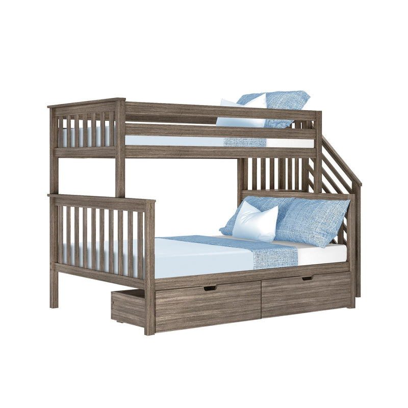 Gray wood twin-over-full bunk bed with built-in storage drawers, staircase and slatted rails, styled with light blue bedding