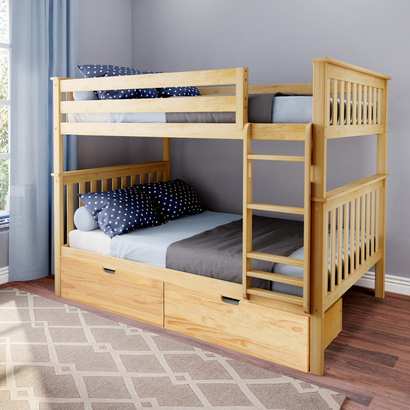 Wooden bunk bed with storage drawers and blue bedding in a cozy bedroom.