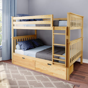 Light solid wood bunk bed with ladder and built-in under-bed storage drawers, blue star-print pillows and gray-blue bedding in a modern kids' bedroom with gray walls, window and patterned rug