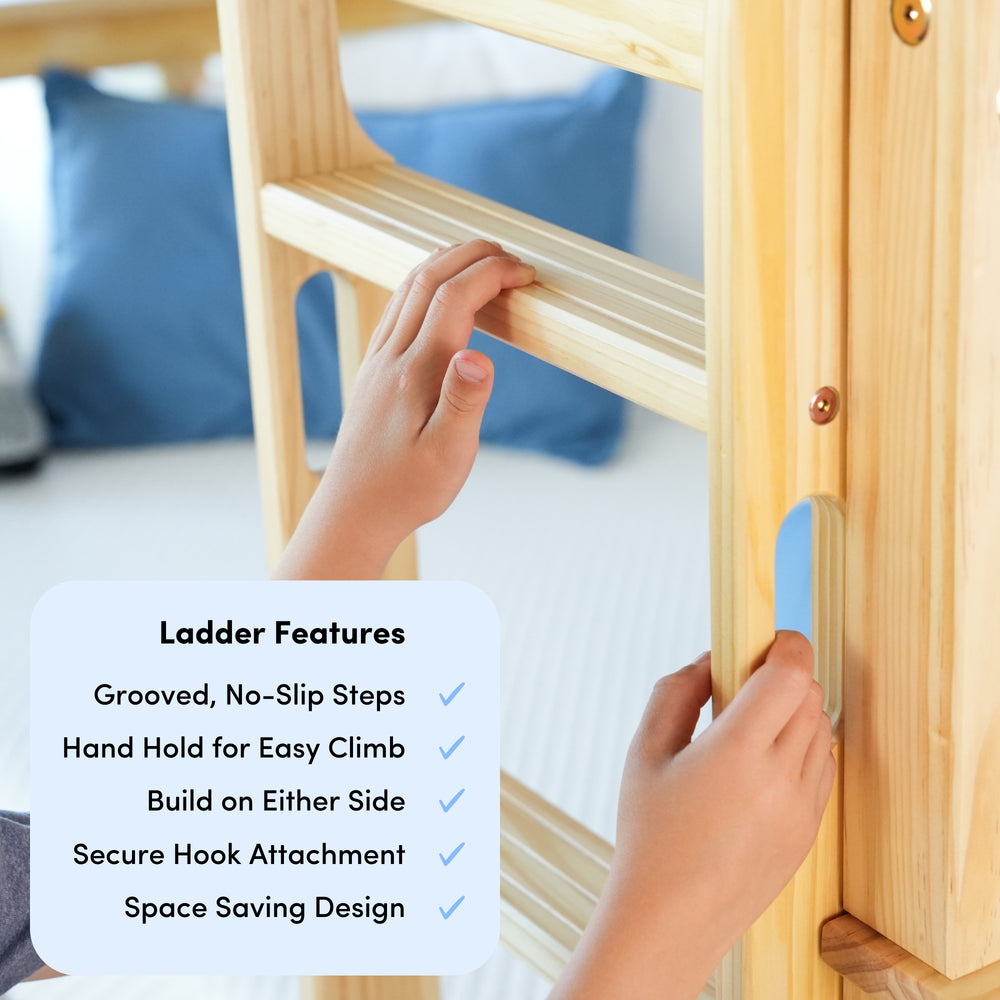 Child climbing a wooden bunk bed ladder with non-slip steps and secure handhold design.