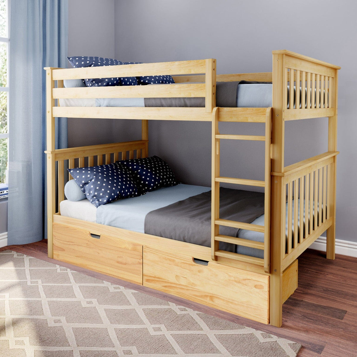 Max and Lily - Kids Solid Wood Full Bunk Bed + Storage Drawers