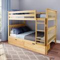 Solid wood twin-over-twin bunk bed with ladder and under-bed storage drawers, blue star-patterned bedding in modern children's bedroom