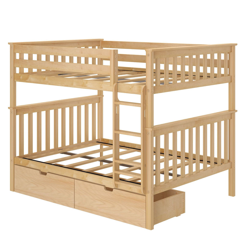 Natural wood twin bunk bed with storage drawers, ideal for maximizing space in kids' bedrooms.