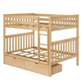 Light natural wood twin-over-twin bunk bed with ladder, slatted guardrails and built-in under-bed drawers — space-saving kids' bedroom furniture