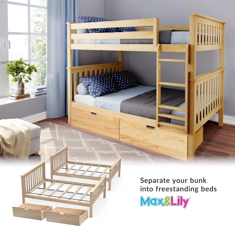Wooden bunk bed with blue bedding, transformable into two freestanding beds, featuring under-bed storage drawers.