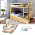 Max & Lily natural solid wood convertible bunk bed (twin-over-full) with ladder and under-bed storage drawers, separates into two freestanding beds in a children's bedroom