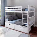 White wooden bunk bed with ladder and under-bed storage drawers, blue and gray bedding in modern children's bedroom, space-saving design