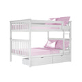 White wooden bunk bed with ladder, guardrails and built-in under-bed storage drawers, styled with pink bedding for kids' bedroom