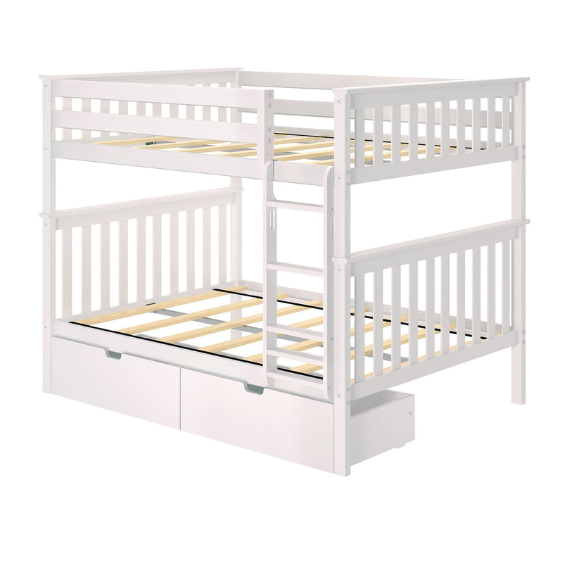 White wooden bunk bed with storage drawers and safety railings for kids.