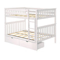 White wooden twin-over-full bunk bed with ladder, safety rails, slatted platform and built-in under-bed storage drawers — modern space-saving kids' bedroom furniture