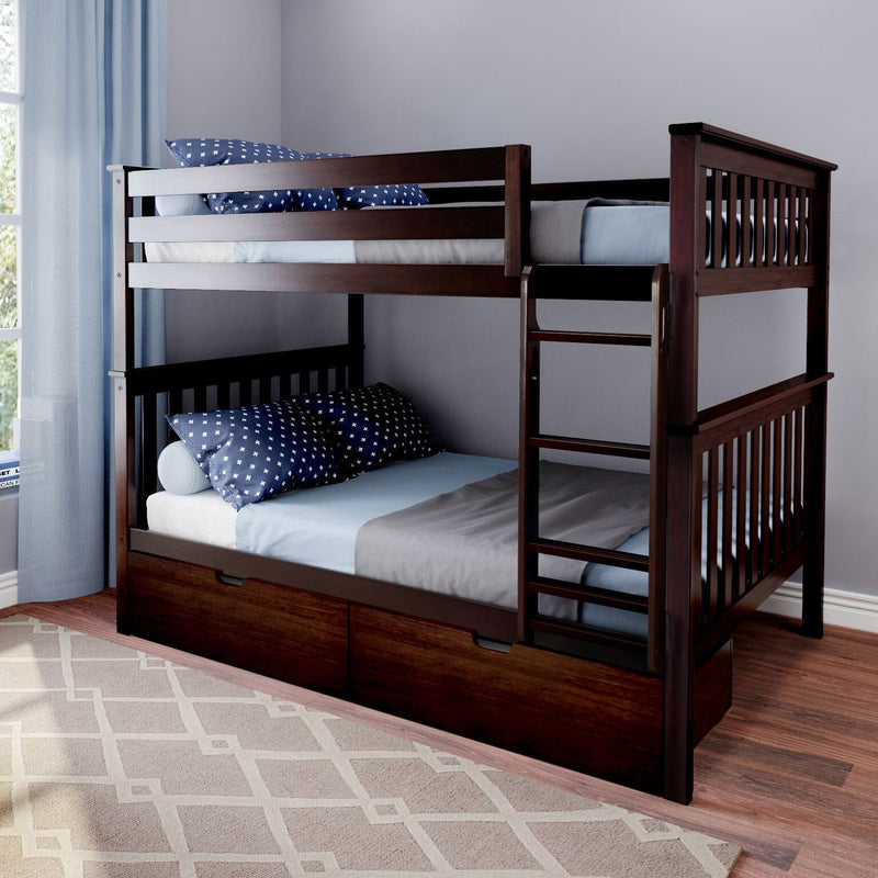Dark wood bunk bed with blue bedding and under-storage drawers in a cozy bedroom.